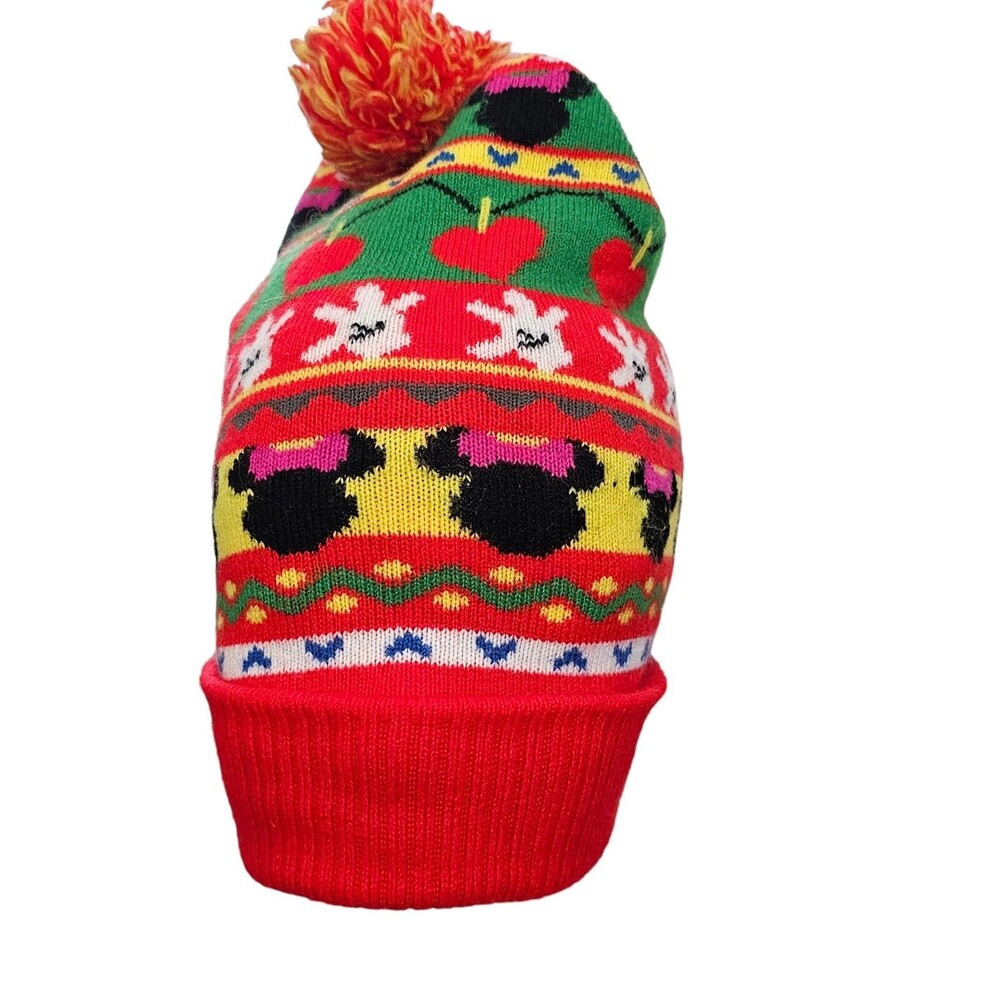 Minnie Mouse Pom Pom Knit Winter Christmas Hat Women’s Red Yellow Disney